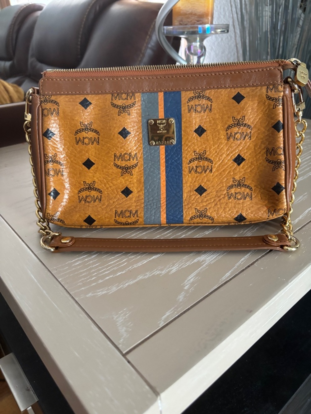 MCM Cognac Visetos Crossbody with Blue and Orange original mcm chain SALE TODAY